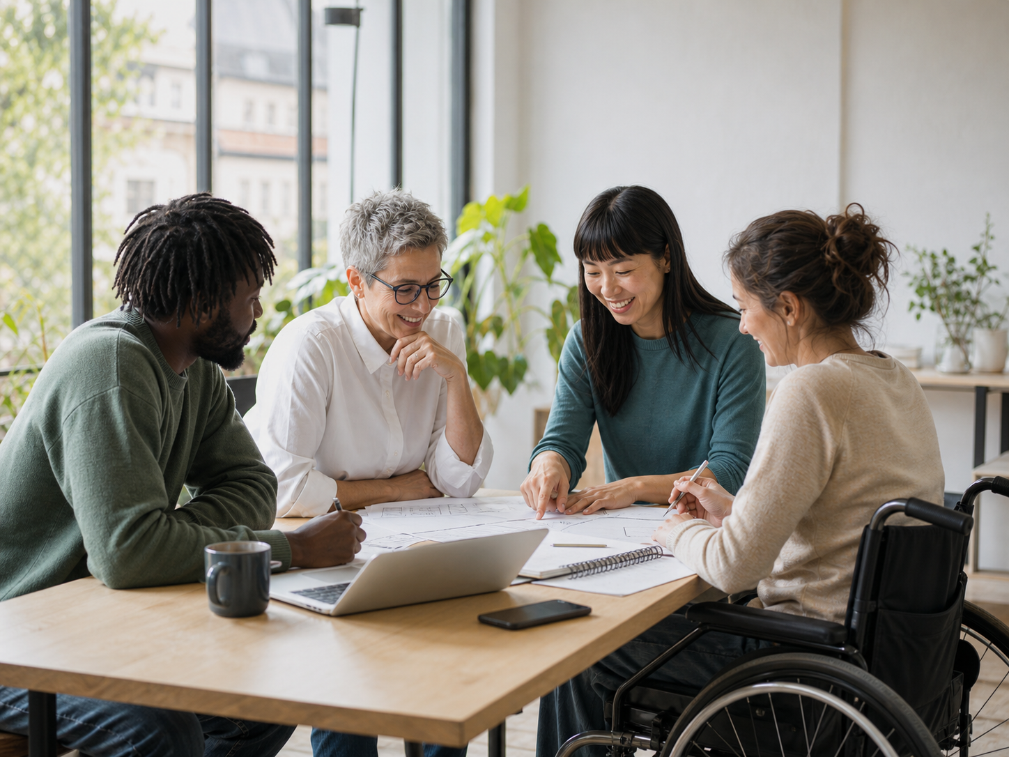 A mixed-age team reviewing a project plan together in a bright, accessible studio